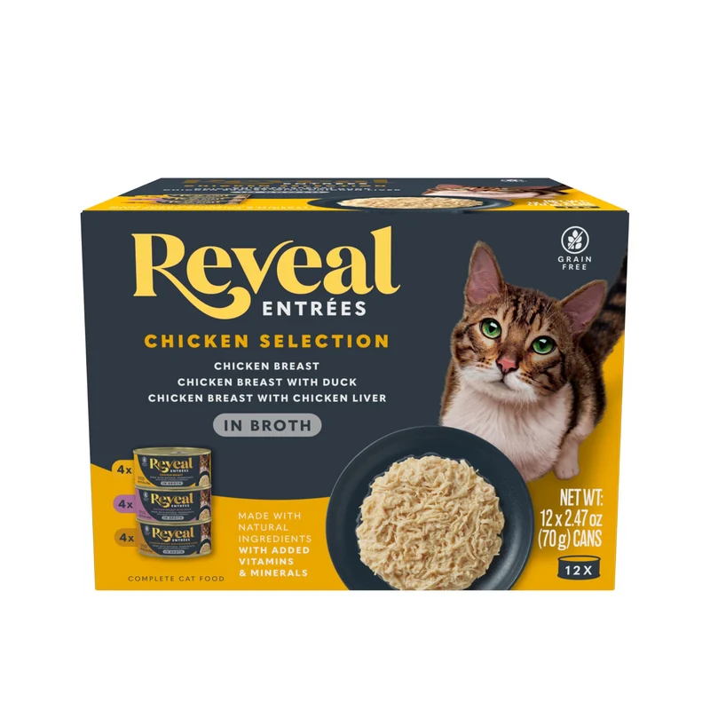 Reveal Entrées Humide pour Chat — Sans Céréales, Protéines Élevées, Bouillon au Poulet (12 boîtes de 2,47 oz)