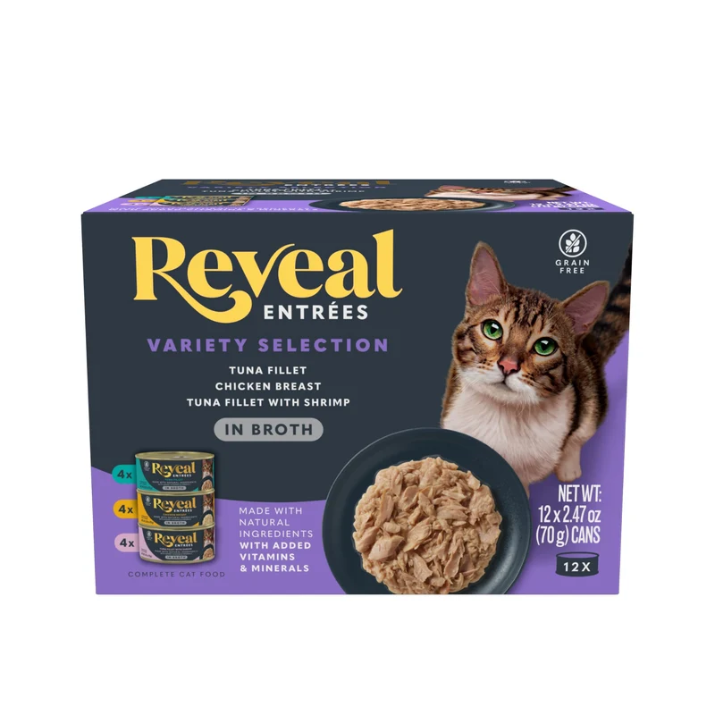 Reveal Entrées - Nourriture humide pour chat sans céréales, riche en protéines et bouillon (12 boîtes de 2,47 oz)