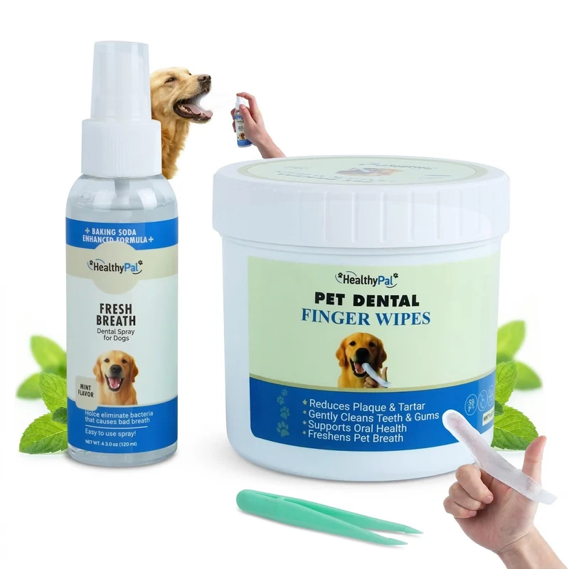 HealthyPal Lingettes Dentaires pour Doigts – Kit Chiens et Chats (50 Lingettes Menthe + Spray Haleine)