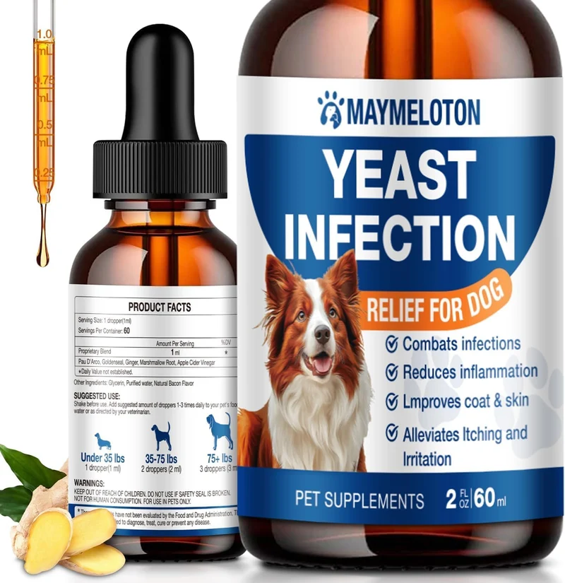 MAYMELOTON – Traitement anti-levure pour chien | Gouttes oreilles et peau, probiotiques, 2 oz