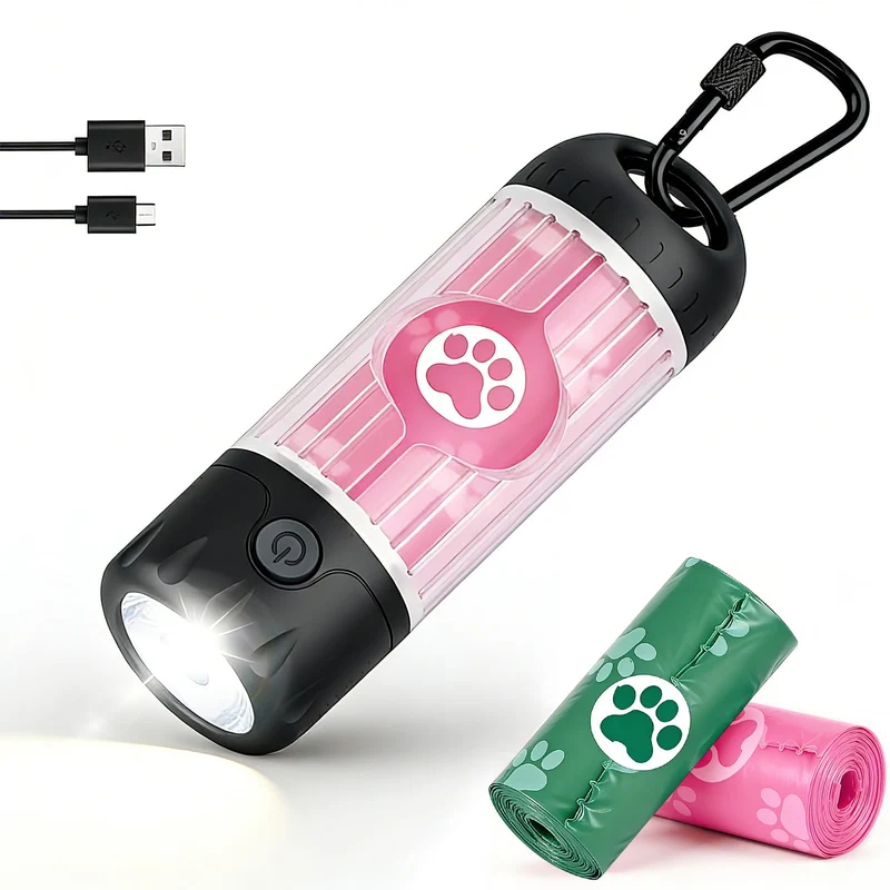 Yesbular – Porte-sacs pour chien avec lampe torche 7 couleurs, rechargeable USB-C, IPX6, clip anti-dérapant (1 distributeur, 30 sacs)