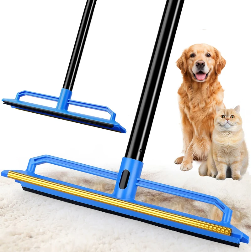 IERGOST Râteau à Tapis 2 en 1 — Poils d’Animaux, Manche 60 pouces, Pour Tapis, Moquettes et Canapés, Bleu