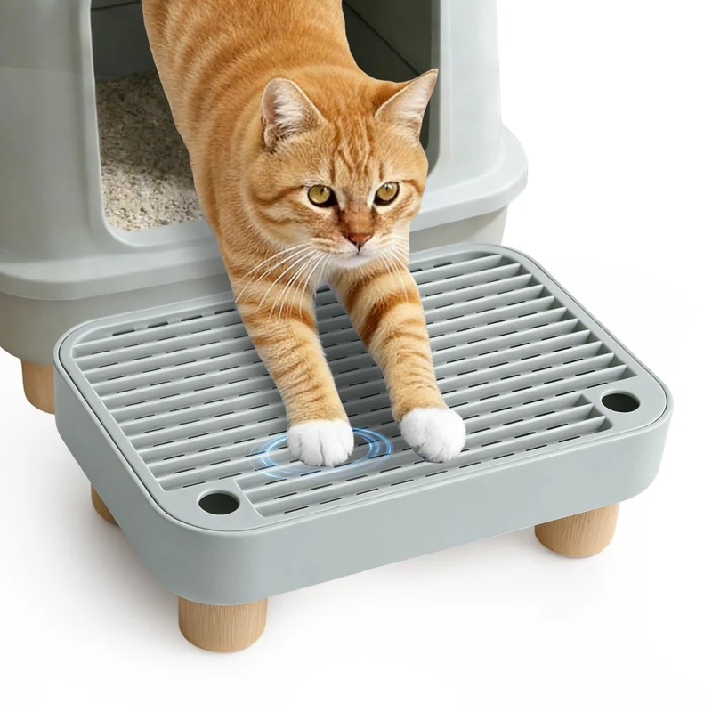 Himake Rampe pour litière – Marche en Bois, Filtration des Saletés, Accès Facile pour Chats Petits et Âgés, Compatible boîtes automatiques – Gris clair