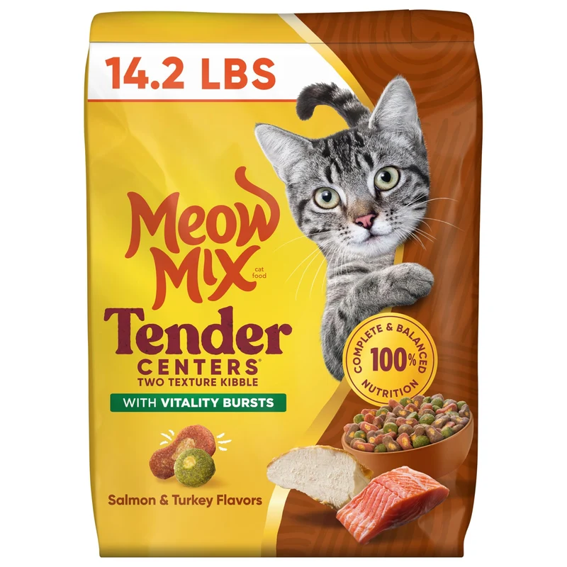 Meow Mix Tender Centers Vitality Bursts – Saumon et Dinde, Croquettes pour Chat Adulte, Sac 14,2 lb