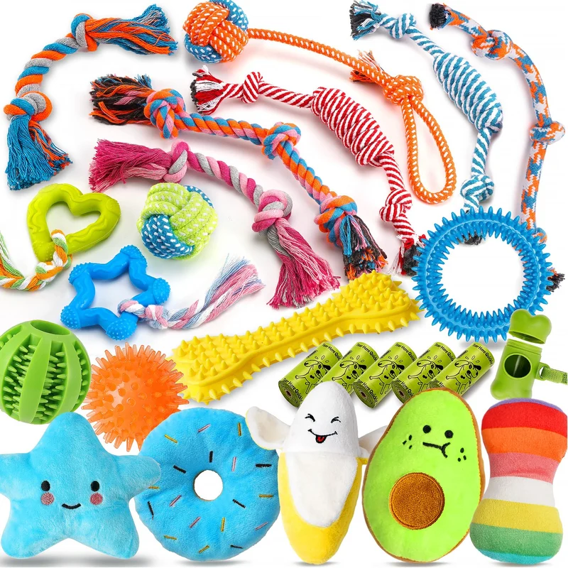 Zeaxuie Lot de 25 Jouets de Luxe pour Chiots et Petits Chiens – Cordes, Balle à Friandise et Siffleurs