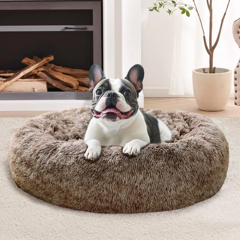 JOLLYVOGUE Lit rond anti-stress pour petit chien et chat – 20 po, lavable, brun fumé