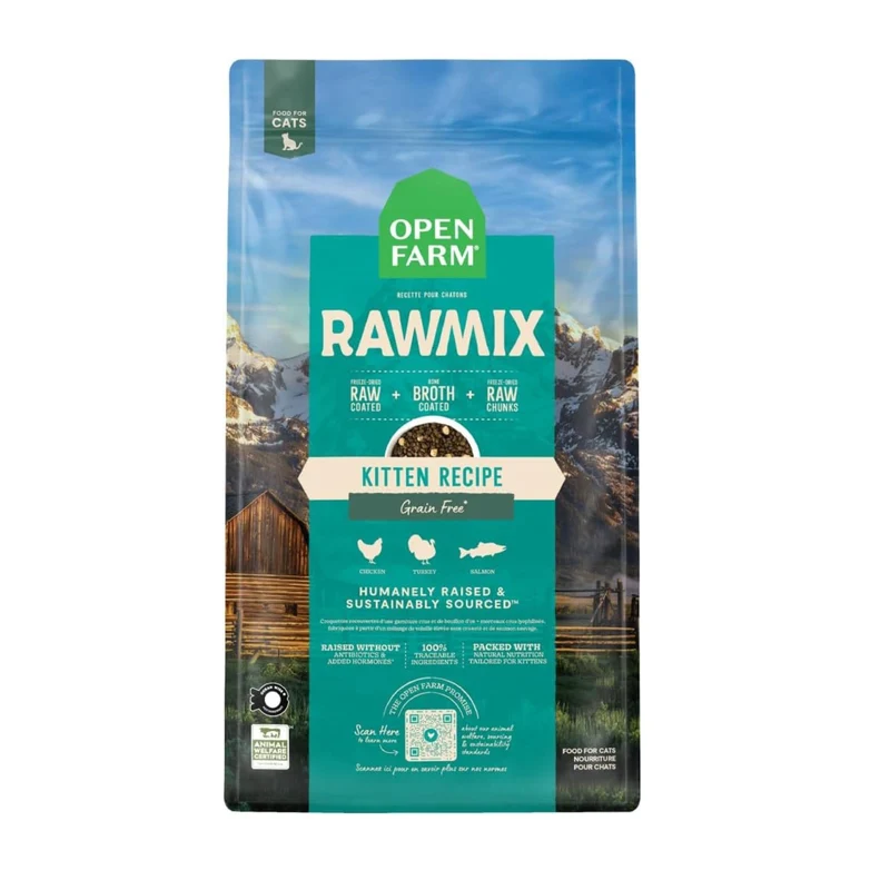 Open Farm RawMix Croquettes pour Chatons au Poulet Dinde et Saumon avec Bouillon d Os – 2,25 lb