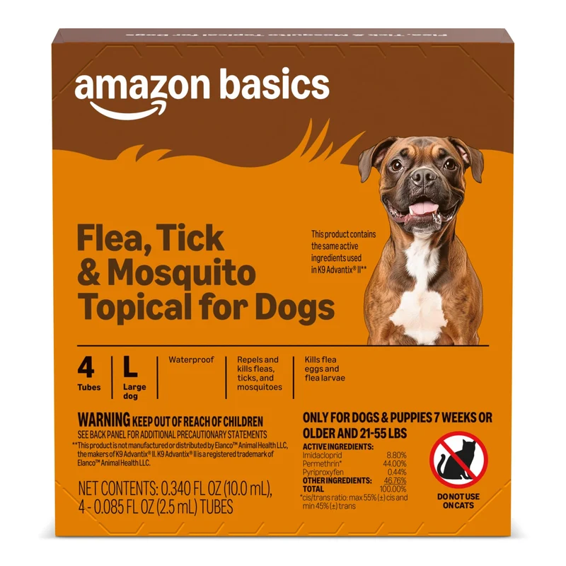 Amazon Basics – Traitement topique préventif Puces, Tiques et Moustiques pour Chien Grand (21-55 lb) – 4 doses