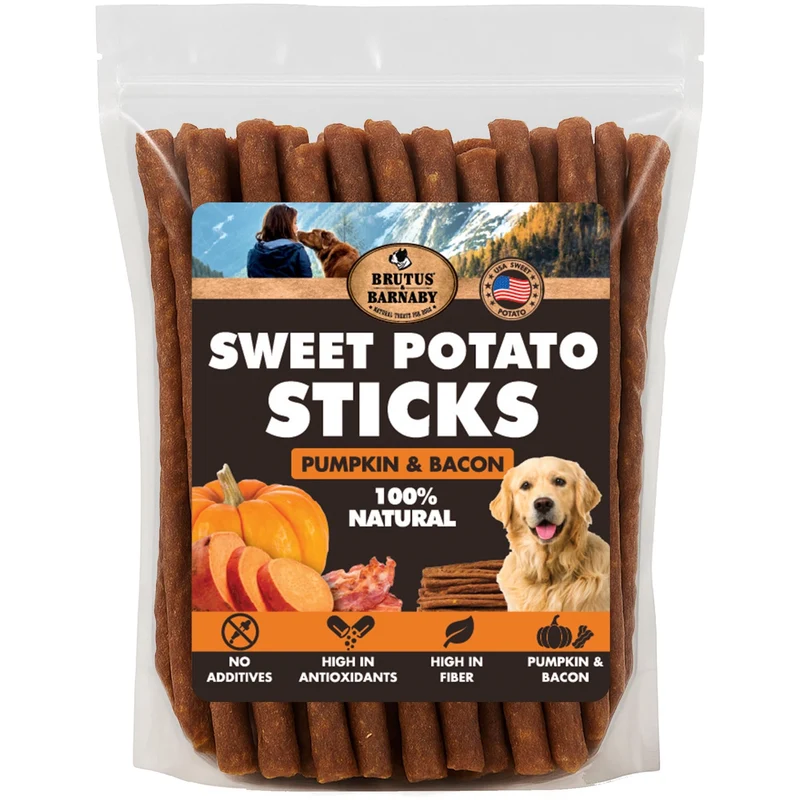 BRUTUS & BARNABY USA Friandises pour Chien Patate Douce – Sans Céréales, Bâtonnets Croustillants Bacon et Citrouille, Saveur Délicieuse et Potentiel Soutien Digestif Naturel