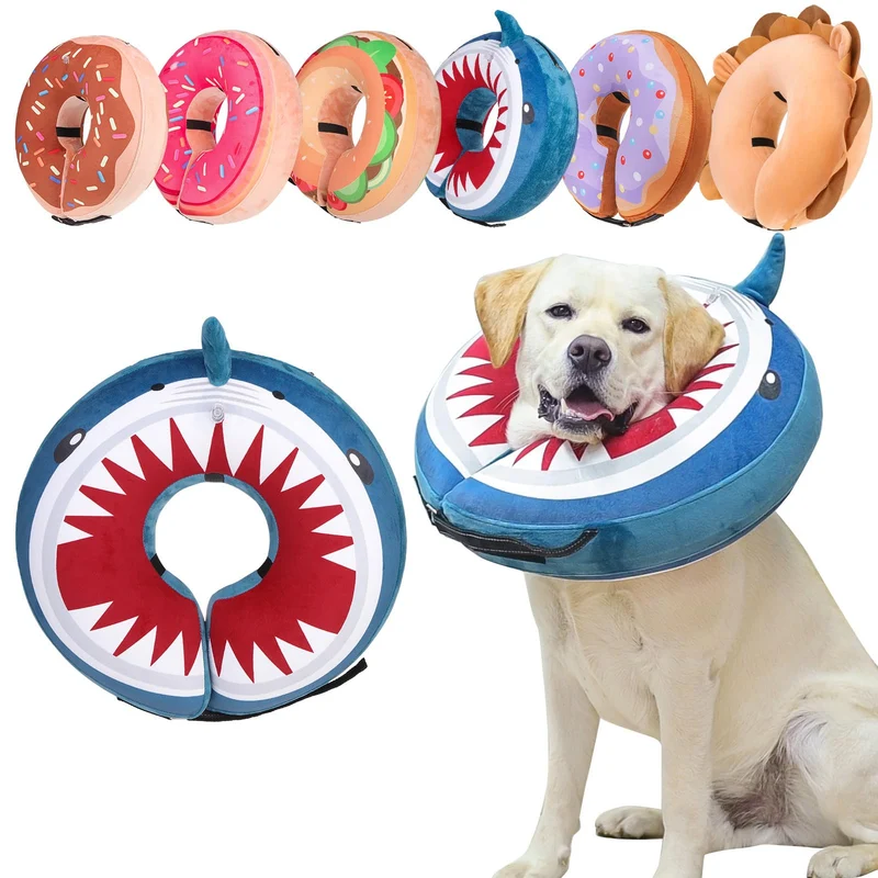 BEAUTYZOO Cône gonflable pour chien — Alternative post-chirurgie, collier donut doux bleu requin, Taille S