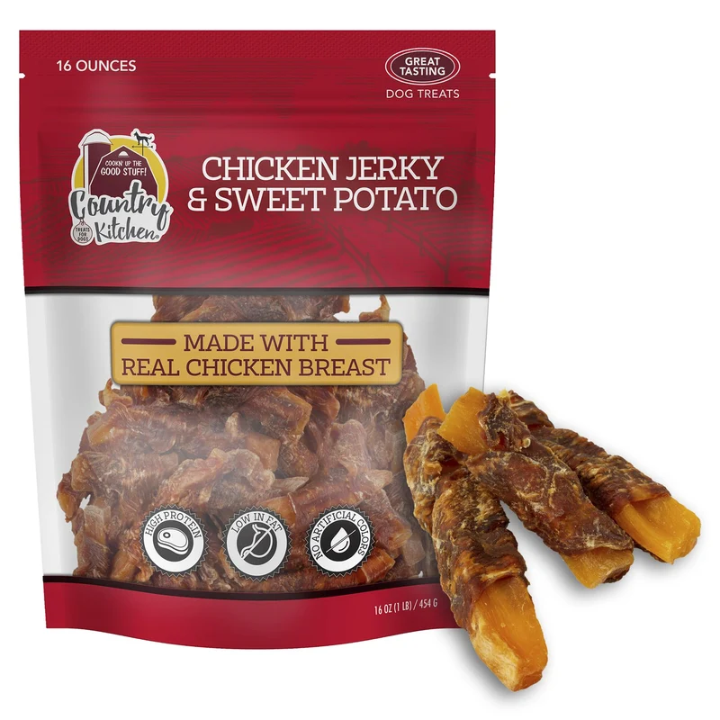Country Kitchen Friandises Jerky Poulet & Patate Douce pour Chiens – Protéines Elevées, Faible Matières Grasses, 16 oz