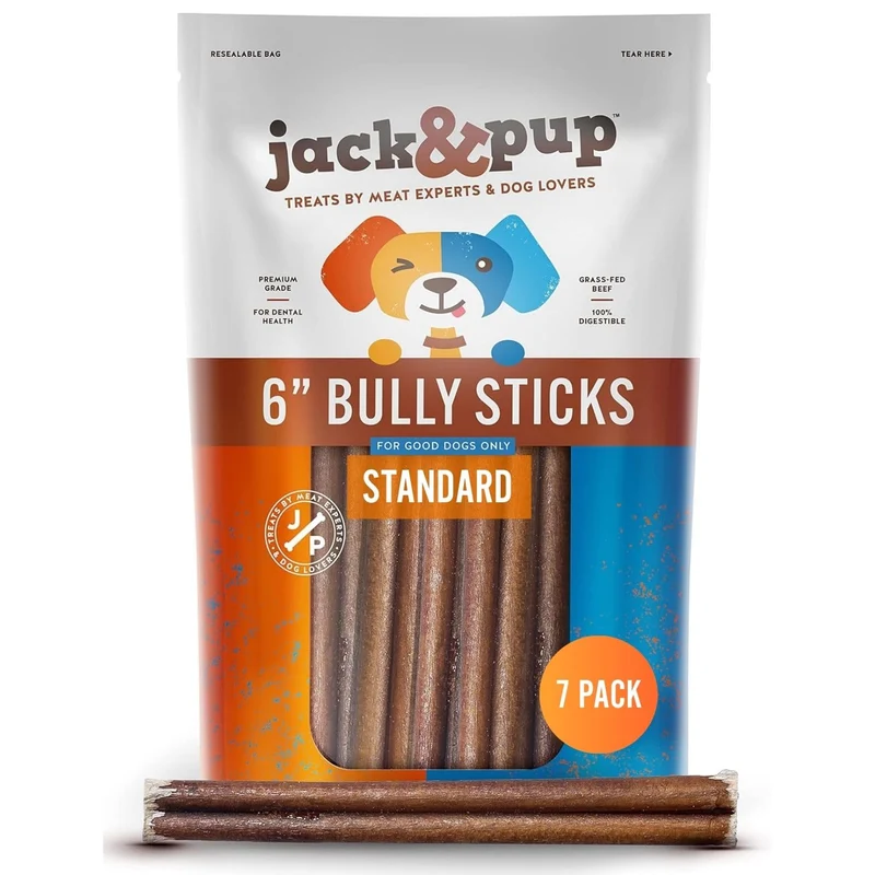 Jack&Pup Bâtonnets Bully 6 pouces – Lot de 7, Sans Odeur, Pour Chiens de Grande Taille, Pizzle de Boeuf Naturel