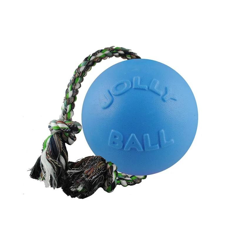 Jolly Pets Romp-n-Roll — Balle et corde pour chien, Taille Moyenne (15 cm), Bleu Myrtille (Modèle 606 BB)