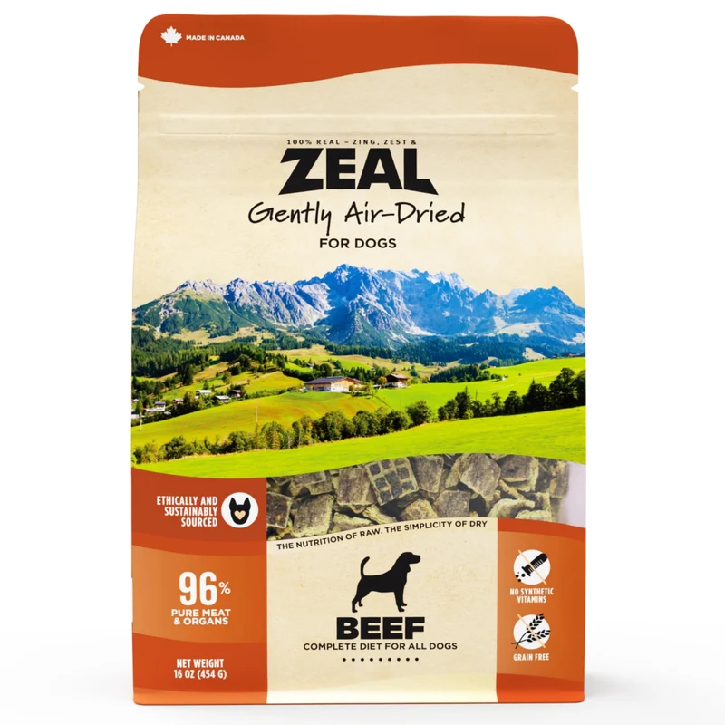 ZEAL Recette Bœuf Séché à l’Air pour Chiens — Protéine Élevée, Sans Céréales, Sans Additifs, Complet et Équilibré (Bœuf, 1 lb)