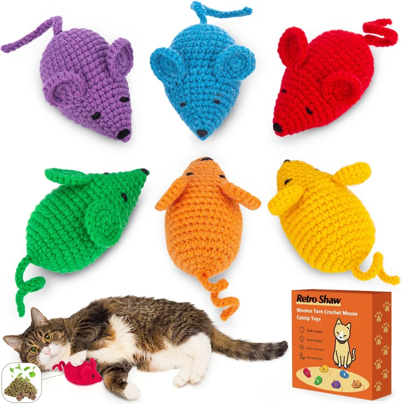 Retro Shaw – Souris tricotées au catnip et verveine argentée (Lot de 6) – Jouets pour chat en intérieur