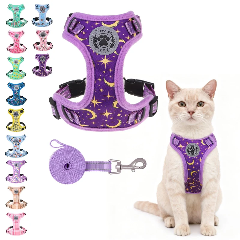 BEAUTYZOO Harnais Chat Anti-Évasion avec Longe – Veste Violet Étoiles