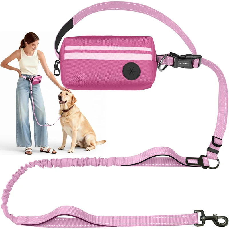 kazazoo – Laisse sans main pour chien avec poche zippée amovible, doubles poignées rembourrées et bungee durable (Grand, 16–63 kg, Rose)