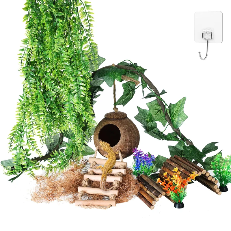 HERCOCCI Accessoires terrarium gecko à crête – Lianes, cachettes et échelle coco