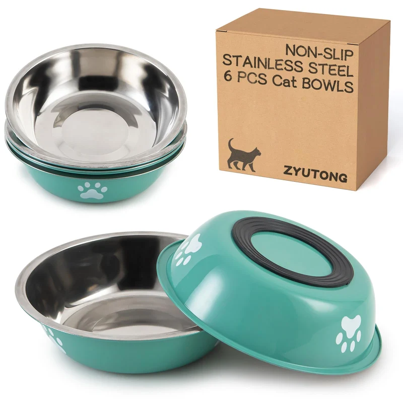 ZYUTONG Bols à Chat en Inox – Large et Peu Profond, Anti-Dérapant, Lot de 6