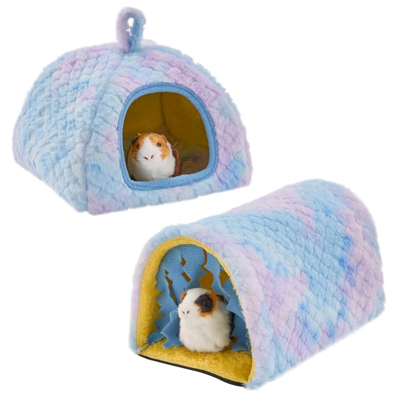 Avont – Paire de refuges et tunnels pour cobayes avec rideau – Housse en peluche lavable – Accessoires pour petits animaux – Bleu