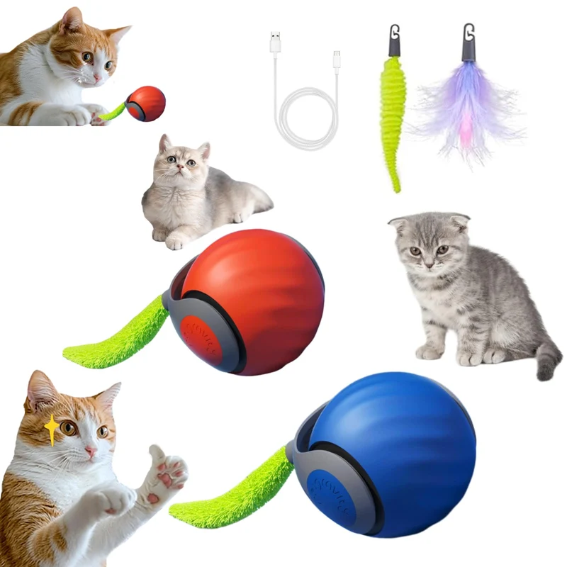Generic 2026 Balle-jouet Chat Auto-Mouvante (2-pack) – 2 Vites, Rechargeable USB, Jeu Interactif Intérieur (Bleu et Orange)