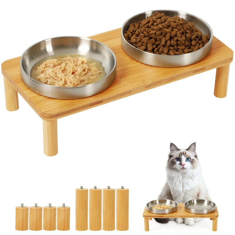 DoogCat Table d'alimentation surélevée pour chats d’intérieur – 2 bols inox, bambou, hauteur réglable (10,8 cm / 7,8 cm)