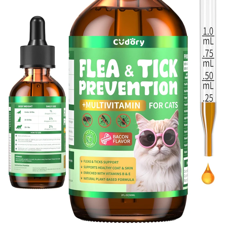 Cudory – Soutien anti-puces et tiques pour chats – Gouttes naturelles avec multivitamines et saveur bacon