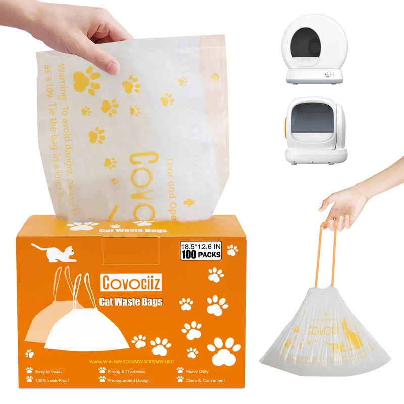 Covociiz - Lot de 100 sacs à litière pour bac MeoWant SC01/SC02/LR01, épais et à cordon, 18,5 x 12,6