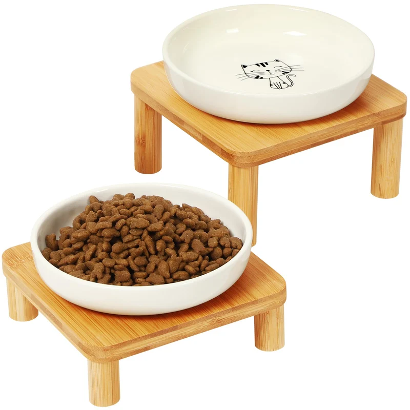 DoogCat Bols Chat Élevés en Bambou – Support 4 Pieds et Assiettes Céramique Large (14,6 cm), Lot de 2 – Conçu pour les moustaches
