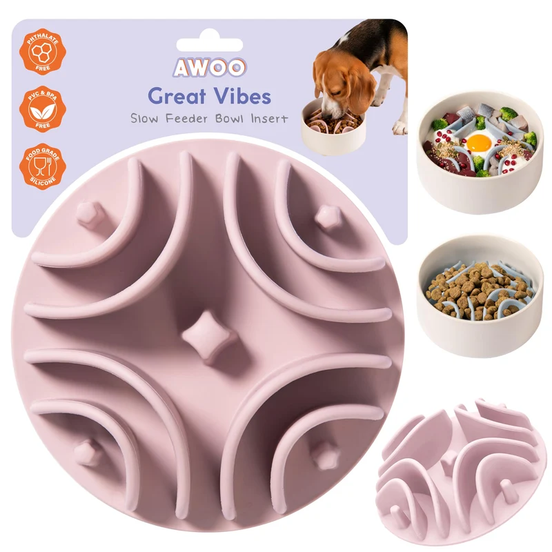 AWOO Great Vibes – Bol lent en silicone mauve pour chiens (>5,5 pouces) – Antidérapant, compatible aliments humides et secs