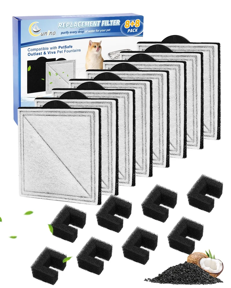 Cunina Pack 8+8 de filtres fontaine pour chats et chiens – Compatible Viva et PetSafe Outlast