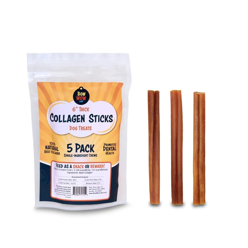 Bow Wow Labs Bâtonnets de collagène SafeFit 6 pouces pour chiens — Lot de 5 épais, friandises naturelles pour articulations, digestion, os et santé dentaire