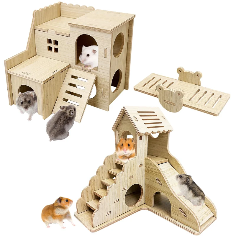 BNOSDM Maison en Bois pour Hamster et Gerbilles — Hideout Double-Niveaux avec Échelle et Balançoire