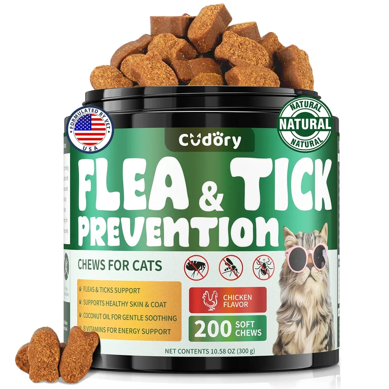Cudory – Friandises Molles Anti-Puces et Tiques pour Chats – 200 bouchées au poulet