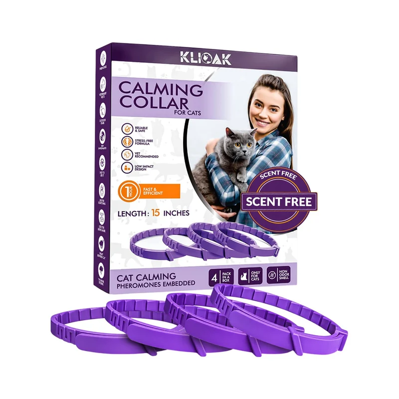 Klioak – Collier apaisant pour chat avec phéromones | 30 jours, Étanche, Ajustable | Pack 4