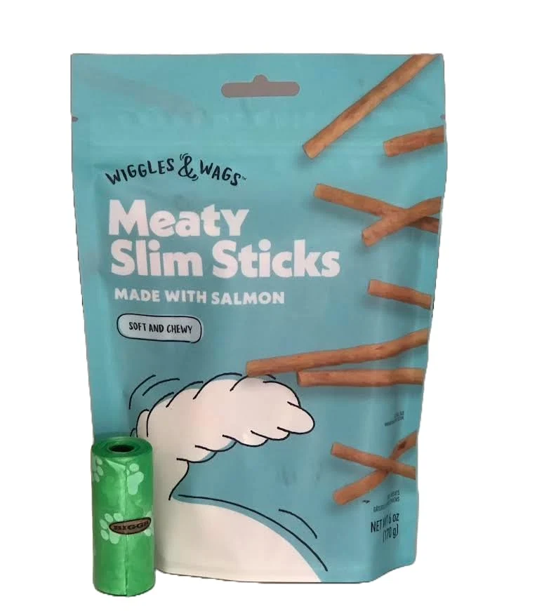 Bâtonnets maigres au saumon Wiggles & Wags – friandises pour chien, sachet 170 g + rouleau Biggs