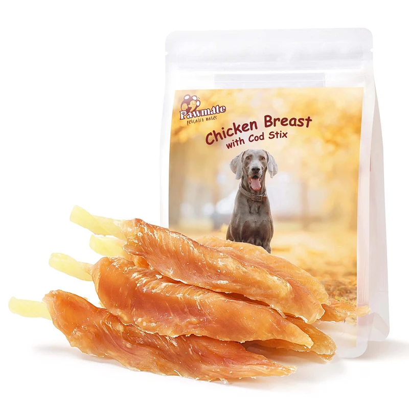 Friandises pour chien Pawmate – Bâtonnets poulet et cabillaud, sans cuir brut, haute protéine, 9–10 pièces (300 g)