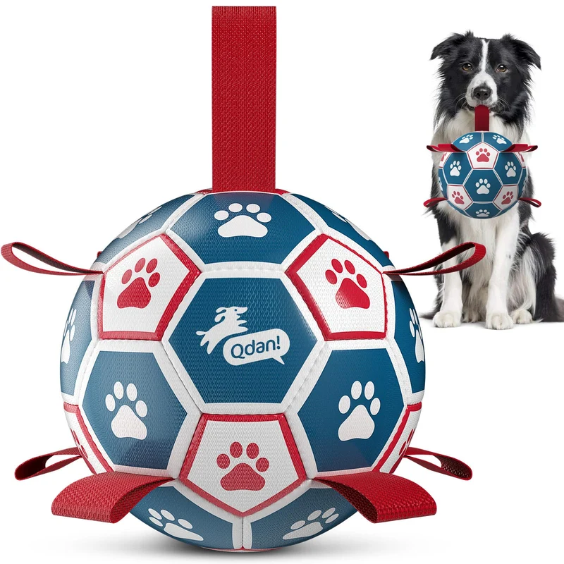 QDAN Ballon World Cup pour Chien avec Sangles – Balle de Football Canine Durable et Interactive (6 pouces)