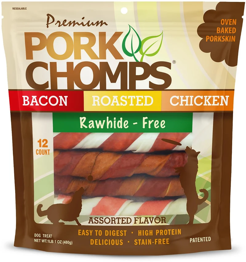 Pork Chomps Torsades de Peau de Porc Cuites au Four, 6 Pouces, Lot de 12 – Saveurs Assorties, Sans Rawhide, Riche en Protéines