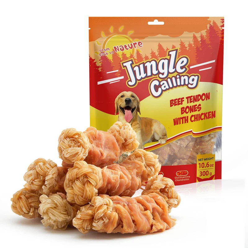 Jungle Calling Tendons de bœuf pour chiens – Friandises nouées au poulet, longue mastication