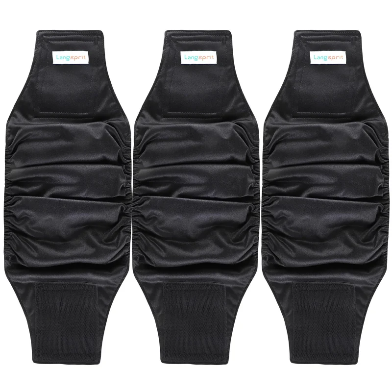 Langsprit Bandes ventrales pour chiens mâles – Pack 3, absorbantes et réutilisables (Noir, Grand)