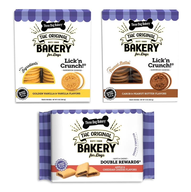 Three Dog Bakery – Assortiment Classique de Biscuits pour Chiens (Beurre de cacahuète, Vanille, Caroube) – 3 paquets, 36 oz, États‑Unis