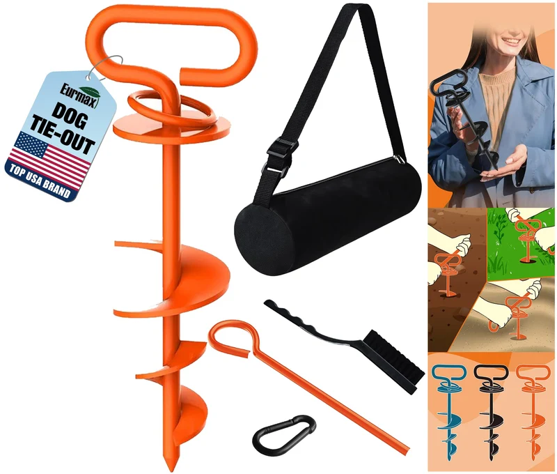 Eurmax – Piquet d'attache chien Eurmax triple verrou et rotation 360°, kit voyage inclus
