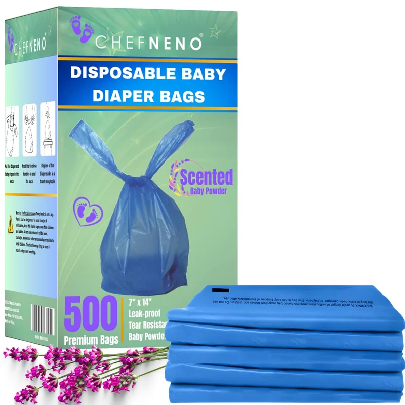 CHEFNENO Sacs Couches Jetables Bleu – Lot 500, Parfum Poudre Bébé, Polyvalents