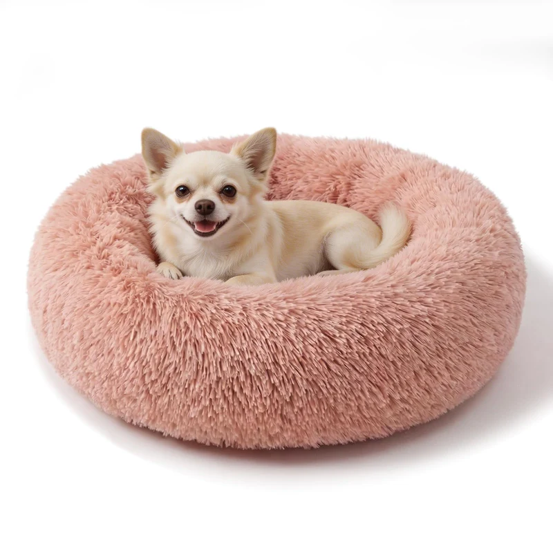 Lits en forme de beignet apaisants Nononfish pour petits chiens et chats – Rose, lavables, 19 pouces