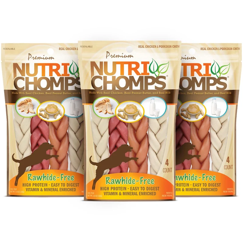 NutriChomps Tresses pour Chiens – 6 pouces, Sans Rawhide, Saveurs Poulet, Beurre de Cacahuète et Lait – Lot de 3 × 4 pièces