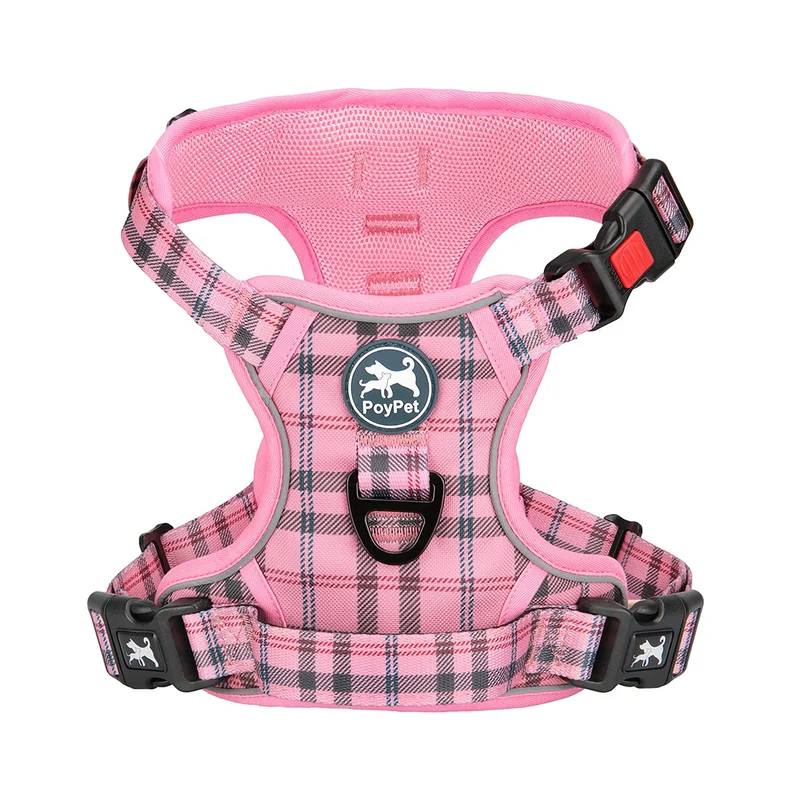 PoyPet Harnais Anti-Tirage pour Chien – Réglable, Réfléchissant, Attaches Devant et Dos, Poignée Douce (carreaux roses, S)