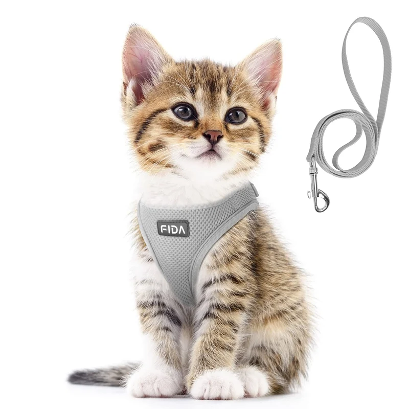 Fida Harnais et Laisse XXXS Gris pour Chat et Chiot – Respirant et Enfilage Par l’Avant