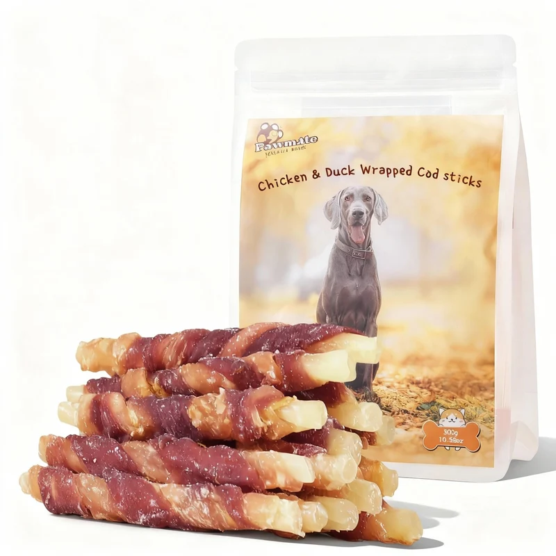 Pawmate Friandises Triple Saveur pour Chiens — Morue enveloppée Poulet et Canard, Sans Rawhide, Sans Céréales (10,6 oz, 15–17 pièces)