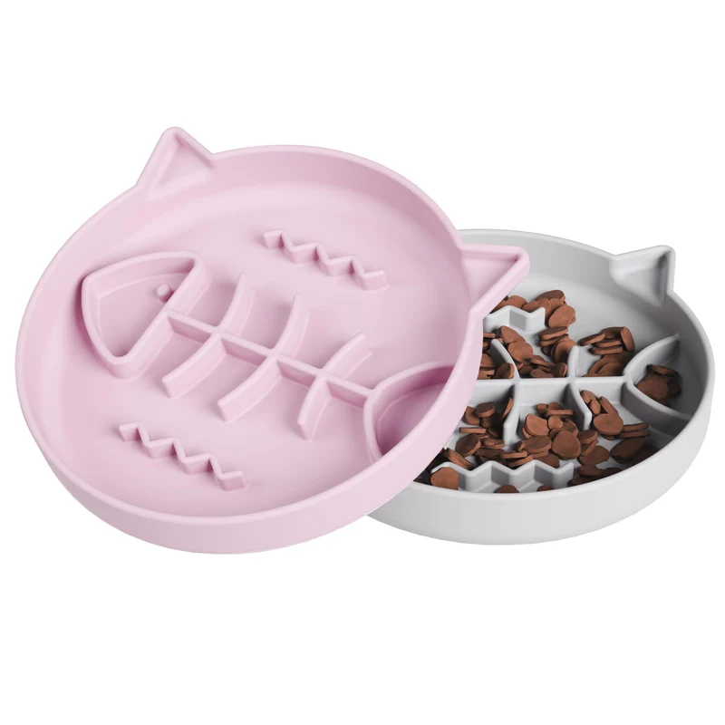 Slowpaw Mangeoire Chat Silicone – 1 Tasse, Ventouses, Design Tête de Chat (Gris & Rose)